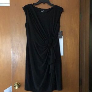 Ronni Nicole Black Sheath Midi Dress with ruching and roses for Cocktail